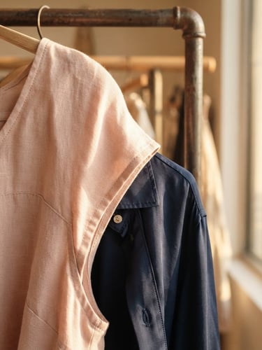 Warm editorial fashion photography, golden-hour natural light, close-up of high-quality linen and silk fabrics draped elegantly in a Tampa showroom, showing intricate stitching and rich texture, shallow depth of field, 35mm.