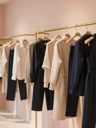 Minimalist boutique interior with soft blush walls, warm gold fixtures, and structured garments hanging on a brass rail under diffused daylight, warm editorial fashion photography, shallow depth of field, 35mm.