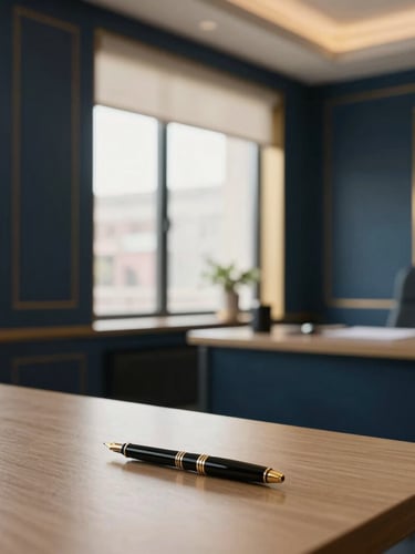 Modern law office interior with elegant architectural details, soft window daylight, a clean desk with a high-quality fountain pen, deep navy and muted gold tones, shallow depth of field, 35mm, wide shot showing a comfortable, professional environment.
