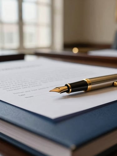 Close-up of a modern legal document with a golden fountain pen resting on it, soft window daylight, deep navy and muted gold tones, shallow depth of field, 35mm, elegant architectural details of a law office in the background.