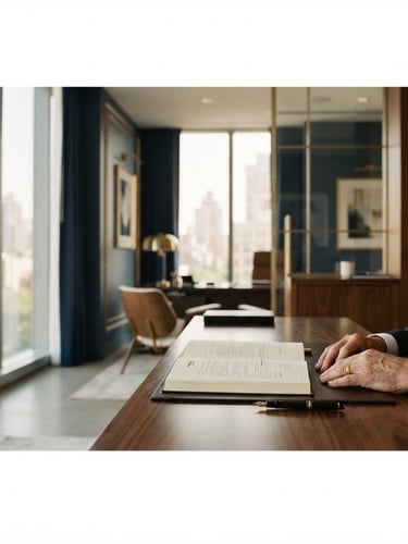 Wide panoramic frame of elegant architectural details of a modern law office, soft window daylight, deep navy and muted gold tones, shallow depth of field, 35mm. A lawyer's hands are subtly resting on a polished dark wood desk with a high-quality fountain pen and a legal document, positioned on the right third of the frame, with expansive negative space on the left.