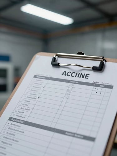 Tight macro shot of a metal clipboard with an operational audit checklist, cool fluorescent lighting, industrial warehouse background.