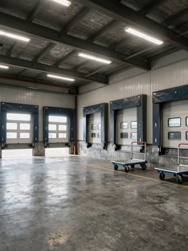 Wide-angle environmental shot of a commercial loading dock with steel rolling doors, bright fluorescent lighting reflecting on concrete floor, metal carts lined up.