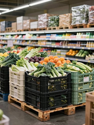 Cool, bright commercial daylight illuminating a high-volume grocery loading dock, systematic crates of fresh produce stacked on pallets, clinical and organized.