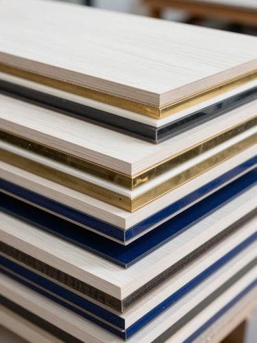 Stacked premium architectural materials including white oak panels, brass sheets, and dark acrylics in a brightly lit, clean Florida workshop, side angle, 35mm