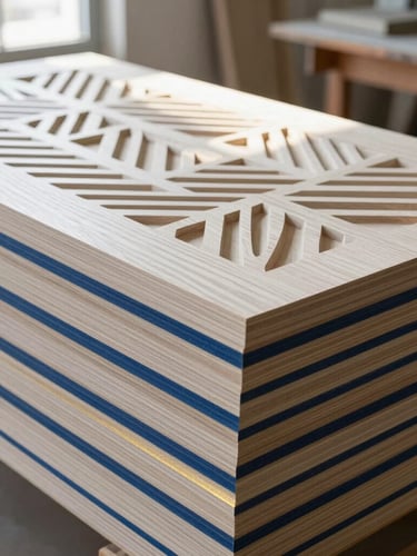 A stack of finished architectural white oak panels with intricate geometric CNC-routed patterns, resting in a bright Florida workshop, sunlight streaming through high windows, 35mm.