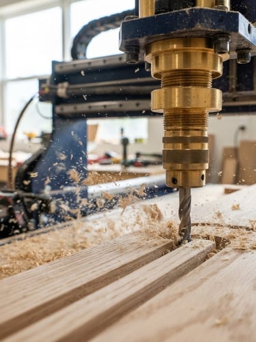 Macro close-up of a golden brass CNC router spindle cutting clean architectural white oak, bright natural workshop light, sharp focus on flying wood particles, 35mm