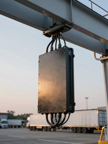 Close-up of ruggedized sensor hardware installed on a logistics yard gantry, late afternoon flood lighting, power and data cables routed along the structure, concrete yard surface and parked trailers visible below