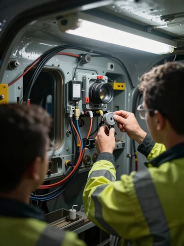 Over-the-shoulder view of a technician in high-visibility gear connecting sensor cabling inside a mine vehicle's service bay under harsh fluorescent workshop lighting, tools and cable runs visible, working mine site context
