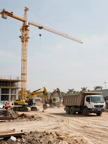 Wide-angle view from ground level of a large active construction site at midday, tower crane visible upper left, excavators and dump trucks in motion across a dusty earthworks platform, natural overcast site lighting, no posed workers, documentary framing