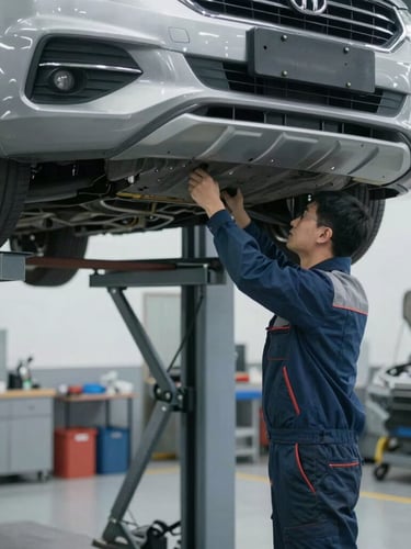 Professional mechanic in clean uniform inspecting a car chassis on a lift, tidy modern workshop, diffuse daylight, cool metallic tones
