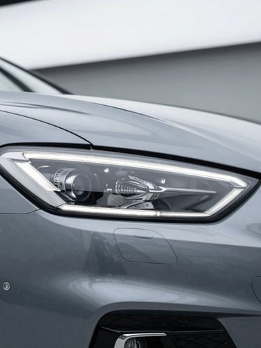 Sleek metallic grey sedan headlight detail, clean modern workshop background, soft overcast daylight, sharp focus, 50mm lens