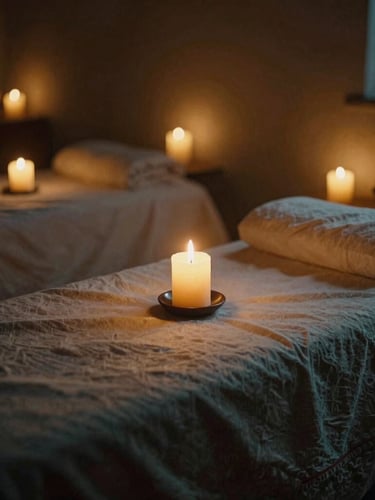 A dimly lit, warm healing room with soft textiles, flickering candlelight casting long shadows, and a quiet, sacred atmosphere.