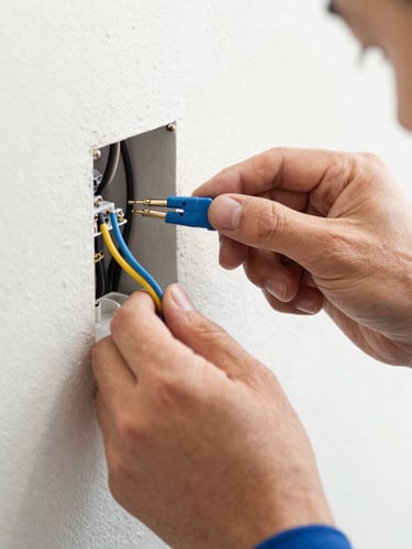 Close-up of a technician's hands carefully inspecting and repairing exposed intercom wiring on an outdoor wall, natural daylight, sharp focus on the wires and tools.