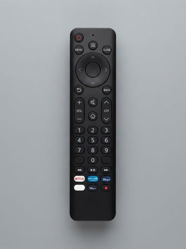 Crisp product photography of a sleek black TV remote isolated on a clean neutral grey background, bright studio lighting, sharp focus, high detail, 50mm lens