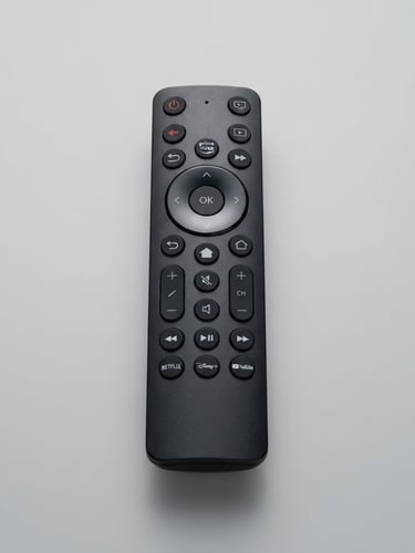 Crisp product photography of a premium black TV remote isolated on a light neutral grey background, bright even studio lighting, sharp focus, 50mm lens