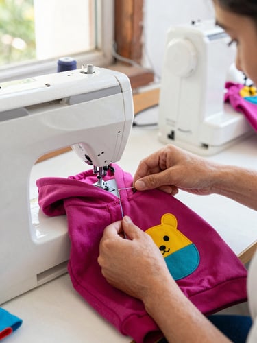 A warm workshop setting in Celaya, hands carefully stitching a colorful magenta pet hoodie, sewing machine, bright natural light, artisanal craft atmosphere