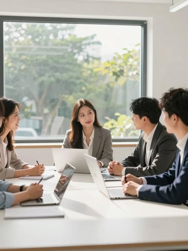 A bright, sunlit collaborative workspace with a large window, structured green foliage visible outside, professional team members in an active strategy session