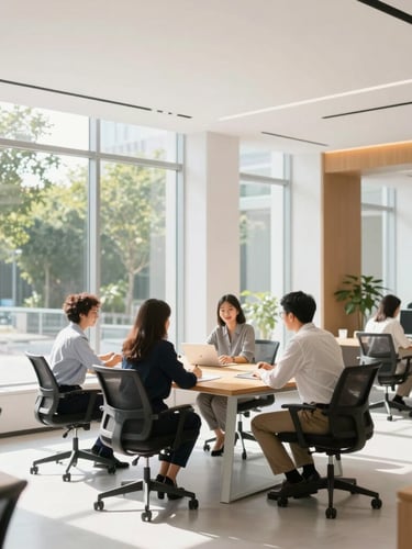 A bright, sunlit modern office workspace with clean architectural lines, large windows showing green foliage outside, a professional team collaborating around a wooden table in high-key morning light.