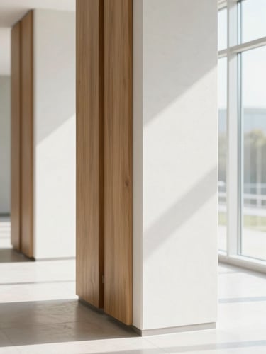 A sunlit, modern architectural detail showing strong concrete and wooden pillars, bright morning light, clean white spaces