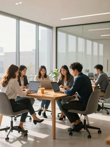 Sunlit modern collaborative office space with clean glass walls, professional team working at a large wooden table, warm morning window light, shallow depth of field