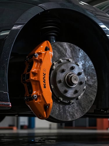 Dramatic low-angle shot of a high-performance sports car chassis under a garage lift, sharp orange brake calipers, moody workshop lighting, high contrast