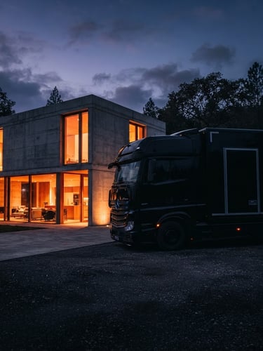 A sleek, black enclosed professional car transporter truck parked in front of a minimalist modern concrete villa at dusk, warm orange interior lights glowing from the villa windows, dramatic low-key automotive photography, high contrast, 50mm lens
