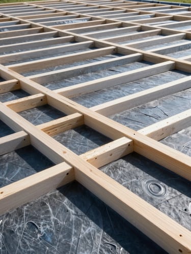 Close-up architectural shot of clean, precisely aligned structural timber battens and high-performance roofing felt under bright daylight, sharp details, wide-angle lens.