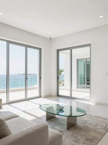 Bright high-key architectural photography of a pristine Dubai villa living room, crisp natural daylight streaming through large windows, clean white and silver tones with light green accents, sharp focus