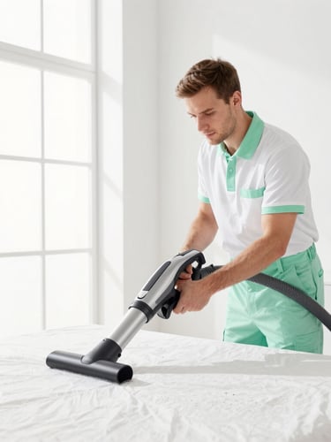 A professional cleaning technician in a clean white and light green uniform using specialized dust-extraction equipment on a high-end textile surface, bright studio lighting