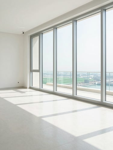 Bright high-key architectural photography of a pristine Dubai residential living room with sunlight streaming through floor-to-ceiling windows, dust-free surfaces reflecting light
