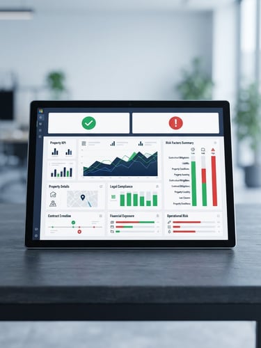 Clean digital interface mockup of a contract risk summary report with prominent green and red risk indicators, displaying Australian property contract details, bright cool studio lighting, deep sapphire and slate accents, sharp focus, minimalist composition, 35mm.