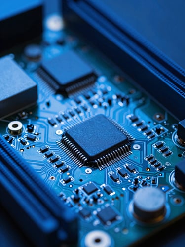 Macro photography of a clean computer motherboard under cool blue studio lighting, sharp focus on microscopic electronic components, technical workshop aesthetic.