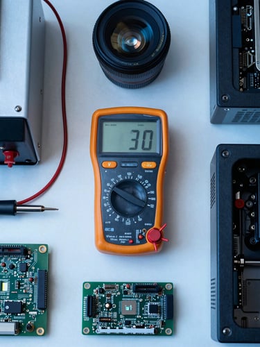 overhead flat lay of organized technical workbench with digital multimeter, soldering station, and clean computer hardware, cool blue highlights