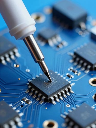 Macro photography of a soldering iron tip touching a microchip on a blue circuit board, cool blue studio lighting, sharp focus, technical workshop aesthetic