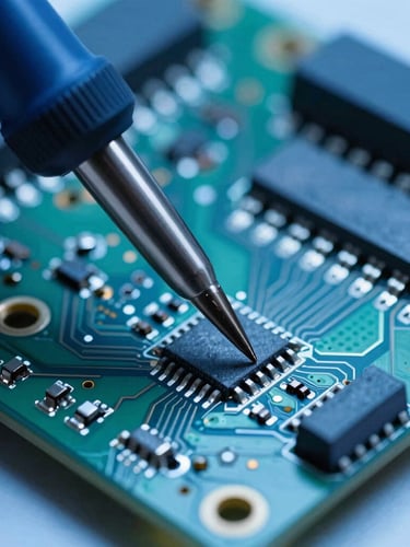 macro photography of electronic circuit board with soldering iron tip, cool blue studio lighting, sharp focus, technical workshop aesthetic