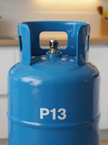 Close-up of a pristine, bright blue P13 gas cylinder with a safety seal intact, sitting in a clean, brightly lit domestic kitchen, sharp focus.