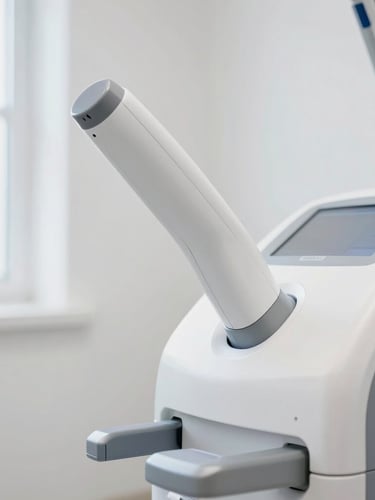 Close-up of advanced medical laser equipment in a bright white clinical room, soft natural daylight, professional 35mm.