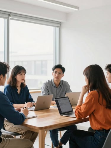 Bright editorial photography of a modern professional workspace in Fruitland with natural window light, team members collaborating around a clean wooden table, 35mm