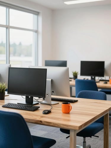 Bright collaborative workspace in the Pacific Northwest, clean tech setups on wooden tables, natural window light, shallow depth of field, 35mm