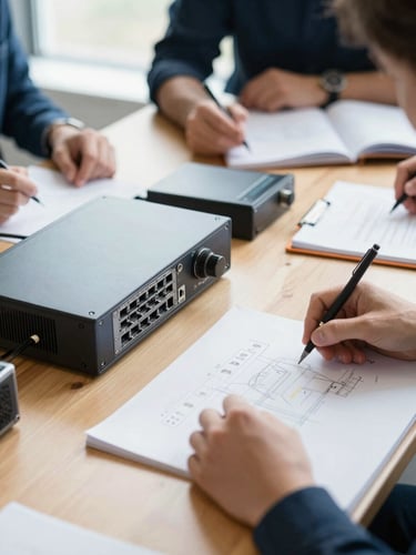 Close-up of hands-on-tech planning session, sharp details of network equipment and sketchbooks on a wooden table, warm natural light, 35mm