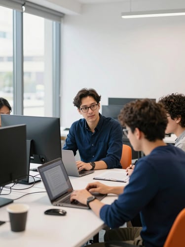 Bright editorial photography, natural window light, clean tech setup with collaborative team members analyzing workflows in a Fruitland office, 35mm