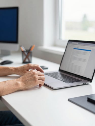 Bright editorial photography, natural window light, close-up of hands-on-tech configuration, professional workspace in Idaho, shallow depth of field, 35mm