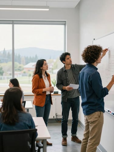 Bright editorial photography of a modern collaborative Pacific Northwest workspace, natural window light, team planning on a whiteboard, shallow depth of field, 35mm