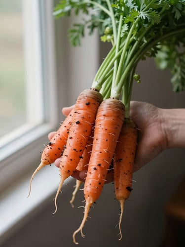 A close-up of hands holding freshly harvested heritage carrots with soil still clinging to them, soft natural window light, shallow depth of field, 35mm photography