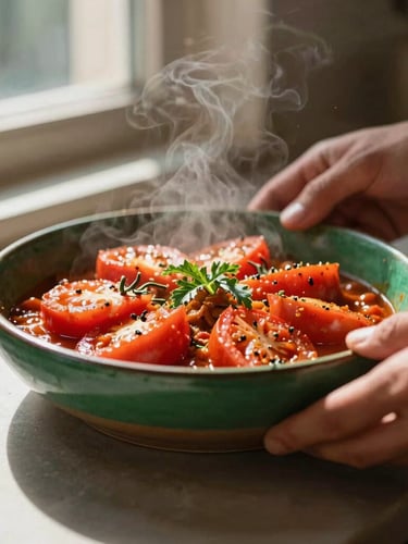 Close-up 35mm photograph of hands plating a rustic heirloom tomato dish at the pass, steam rising, warm natural window light casting deep shadows, rich crimson and forest green tones, shallow depth of field.
