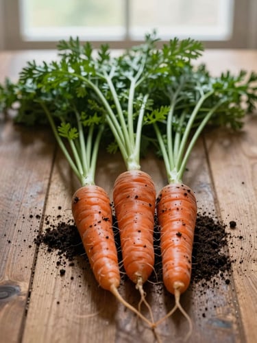 Overhead flat-lay of freshly harvested heirloom carrots with dark soil on them, resting on a rustic wooden table under soft, natural side window light, 35mm photography