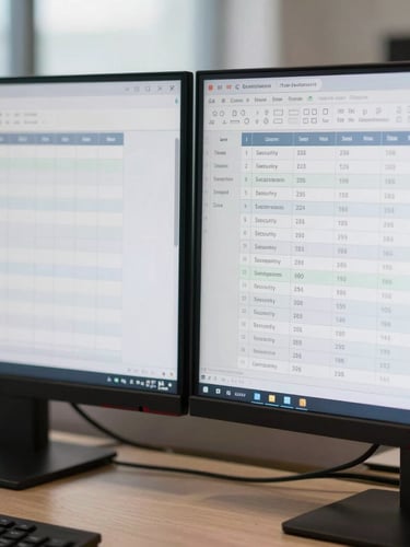 A clean macro shot of dual monitors displaying structured database tables and security permission grids, bright natural office light