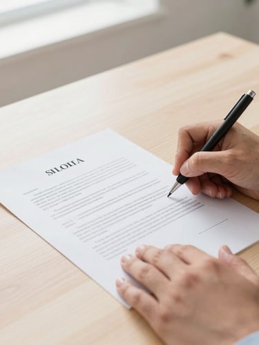 A crisp close-up of professional hands signing a formal Florida legal document on a clean wooden desk, bright natural Florida daylight illuminating the paper, clean architectural framing.