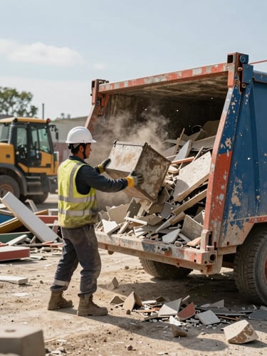 Close environmental shot: worker in hard hat and safety gloves loading construction debris into a skip container on a busy site, rubble and broken materials visible on concrete ground, bright natural daylight, dust particles in the air, active physical posture